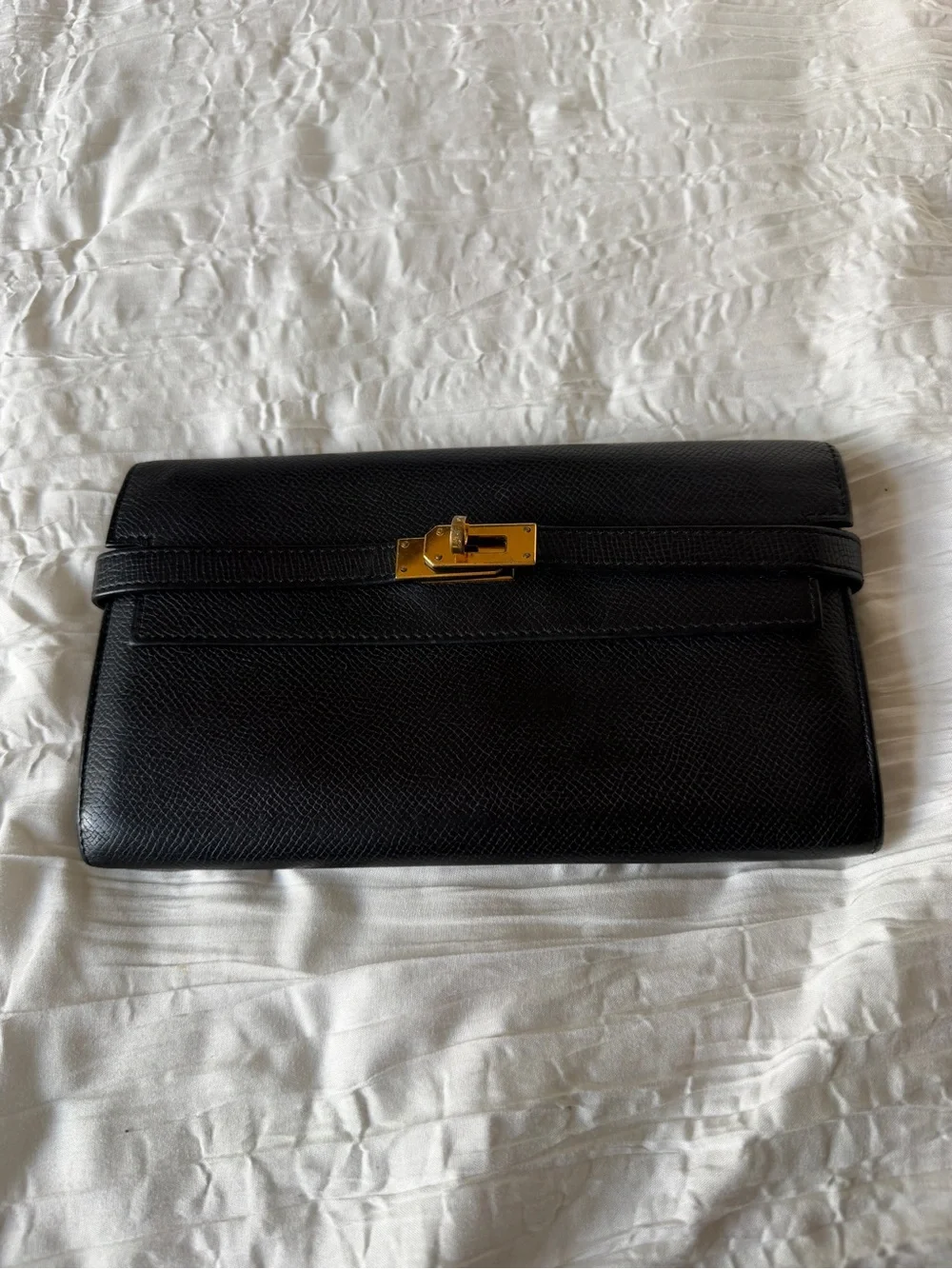 Hermes Black Leather Kelly Cut Clutch with Gold Hardware